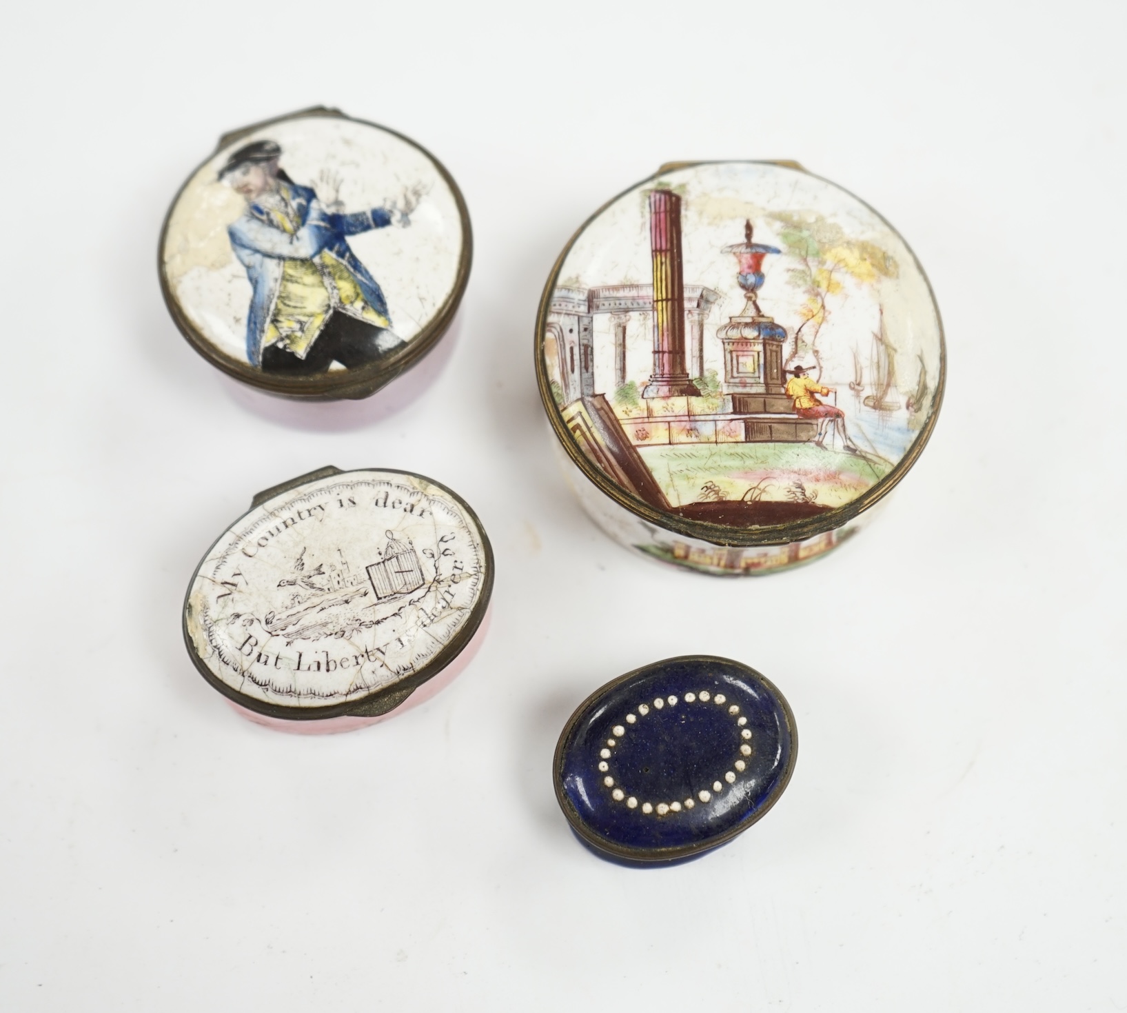 Four 18th century South Staffordshire enamel patch boxes, largest 5.5cm at base. Condition - poor, all have damage